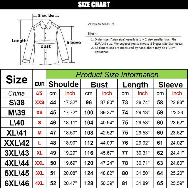 Mens Business Shirt Size Chart