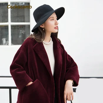 

Cockscomb Loose Fit Bat Sleeved Warm Lamb Wool Coat Outerwear Women Pockets Turn Down Collar Wool Jackets Woman Winter Fur Coat