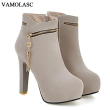 VAMOLASC New Women Autumn Winter Warm Faux Suede Ankle Boots Zipper Square High Heel Boots Platform Women Shoes Plus Size 34-43