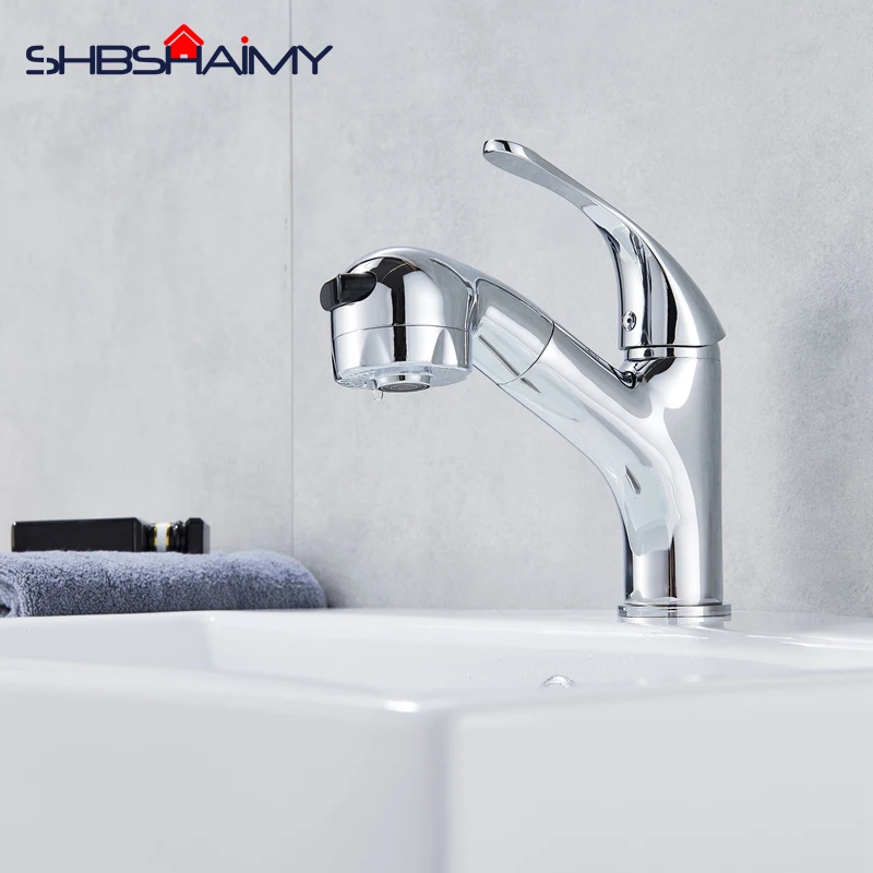 

Chrome Polished Pull Out Bathroom Basin Faucet Deck Mounted Dual Mode Water Spout Cold and Hot Water Mixer Hair Washing Tap