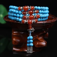 Nueva moda 6 mm azul turquesa bolas de piedra tibetano budista 108 granos de rezo de calabaza collar de mala oración pulsera para meditación