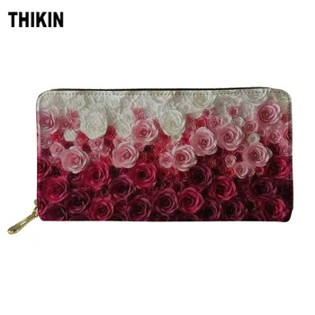 

THIKIN White Red Pink Roses Pattern Wallet Female Long Zipper Wallets PU Leather Lady Purse Card Holder Money Handtassen Dames