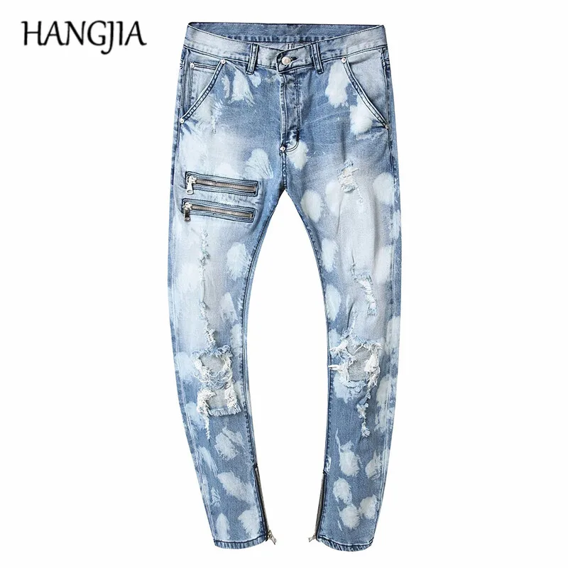 

Streetwear Blue Ripped Jeans for Men Fashionable Jeans Pants Distressed Hip Hop Denim Jeans Ankle Zipper Destroy Wash Hole