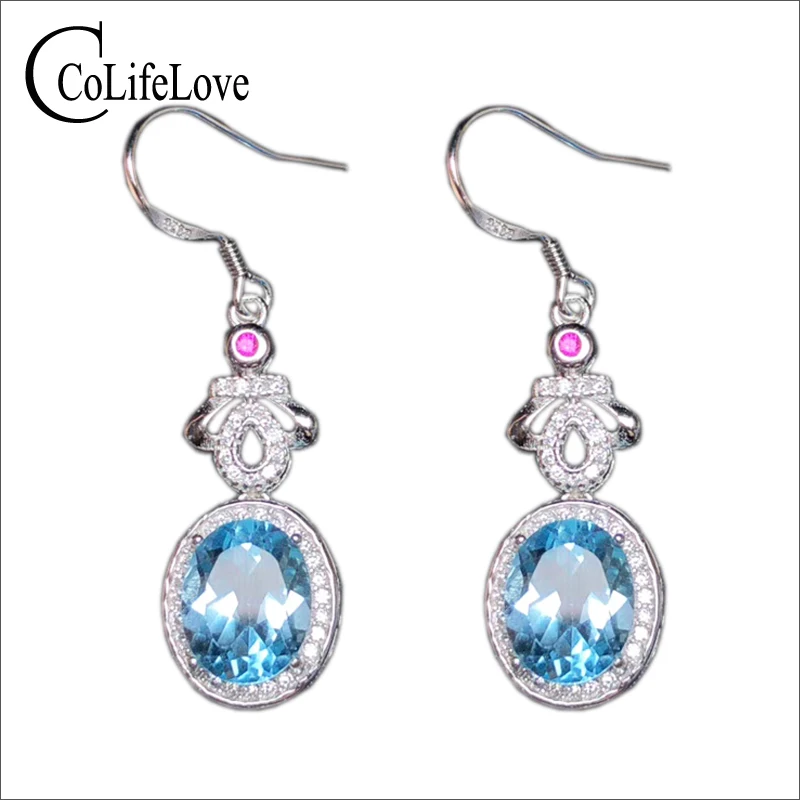 

Elegant topaz wedding drop earrings 8 mm * 10 mm natural VVS light blue topaz gemstone earrings solid 925 silver topaz jewelry