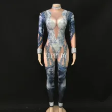 Сексуальный джинсовый комбинезон с принтом, стразы, стрейч, для ночного клуба, DJ, Женский костюм певицы, вечернее шоу, одежда для сцены, джинсы, леггинсы