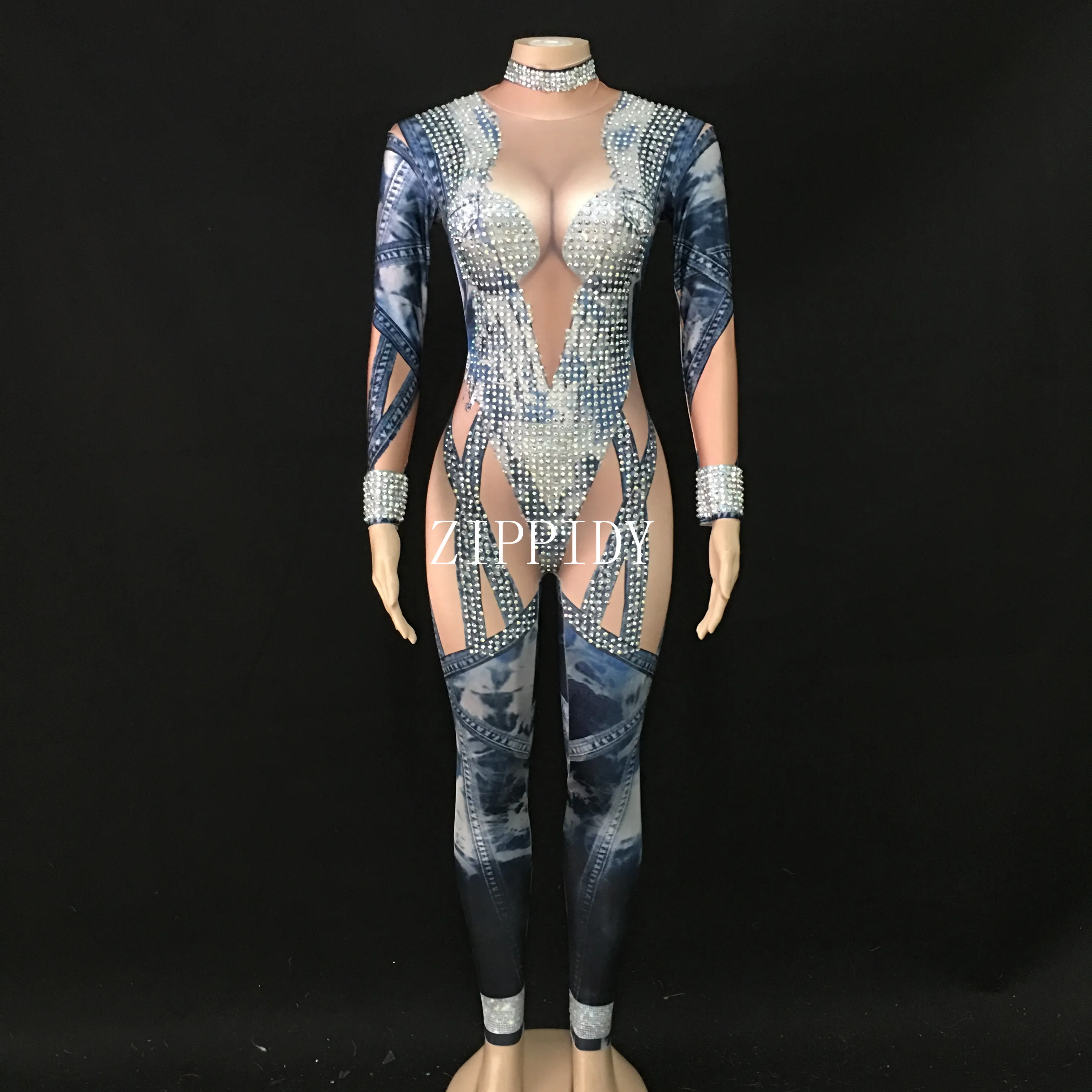 

Sexy Denim Printed Rhinestones Stretch Jumpsuit Nightclub DJ Female Singer Costume Evening Show Stage Wear Jeans Leggings