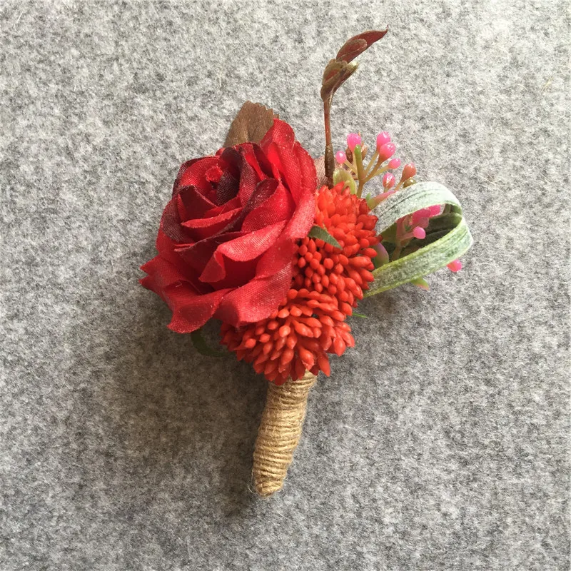 WeddingBobDIY Red Boutonniere Groom Artificial Rose Wedding Flowers