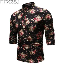 FFXZSJ men's fashion youth spring/autumn printed long-sleeved daily breathable linen shirt with stand-up collar and floral shirt 2019men slim plain long sleeved fashionable stand up collar shirt and shirt