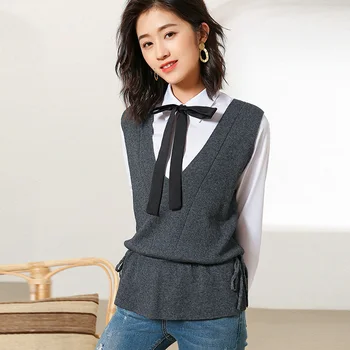 

MVLYFLRT Spring and Autumn New Casual Drawstring Vest Short Paragraph Outside Set Vest vest Loose Sleeveless vest V-Neck Blouse