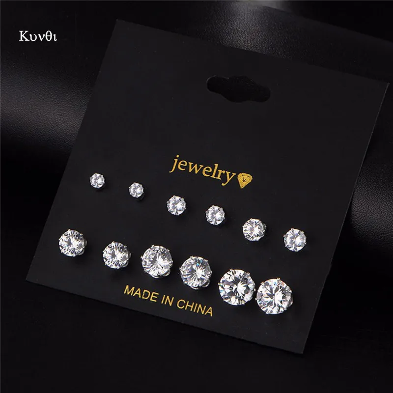 

6 Pairs Fashion Women Jewelry Black White CZ Zircon Crystal Silver Stud Earrings New Fashion Ear Studs for Women Gifts