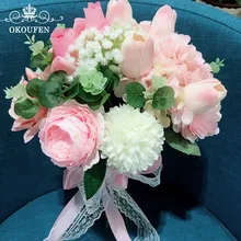 Okoufen настоящие Фотографии Розовые Свадебные букеты кружева ручка украшение дома искусственные розы Пион Пышные свадебные цветы