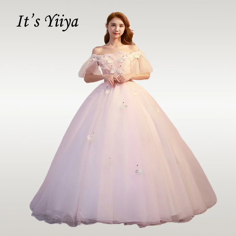 

It's YiiYa Wedding Dress Embroidery Boat Neck Pink Wedding Dresses Elegant Off Shoulder Floor Length Vestido de novia CH235