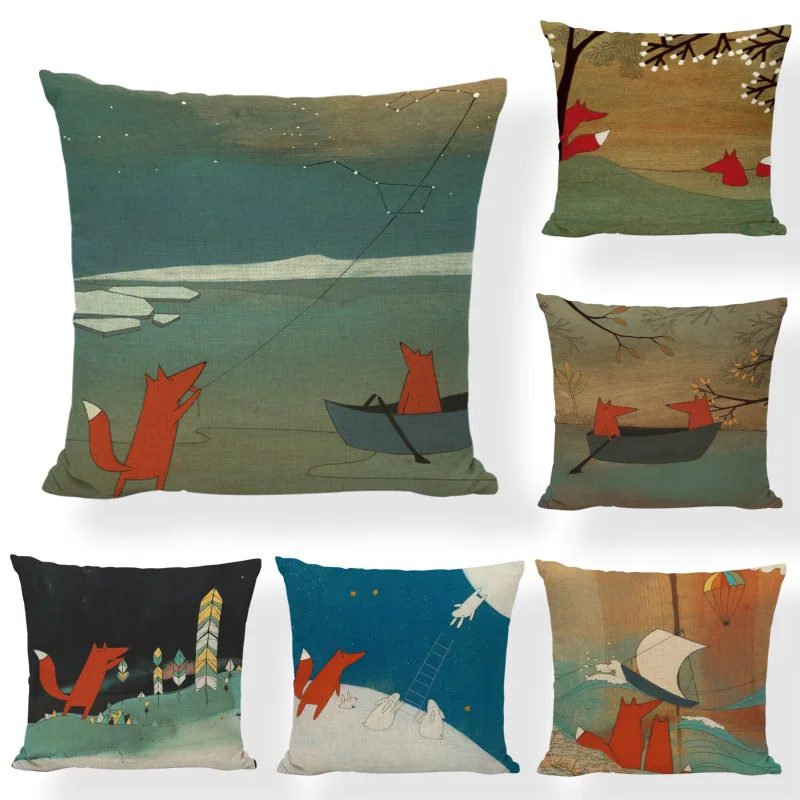 

Cartoon Foxes Cushion Covers Pillow Case Snow Mountain Stars in the night sky Funny Print Geometric Tree Home Decor Linen Cotton