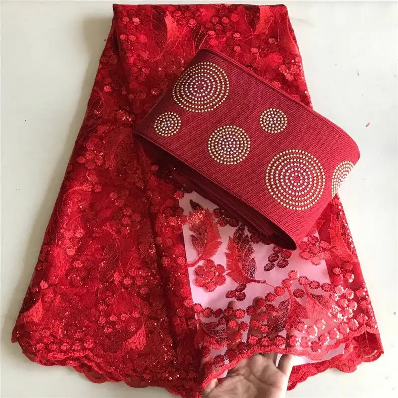 

5 Yards Red Color African Tulle Lace Fabric Matching Aso Oke Set French Net Lace Fabric With Headtie Sold Together For Lady 30