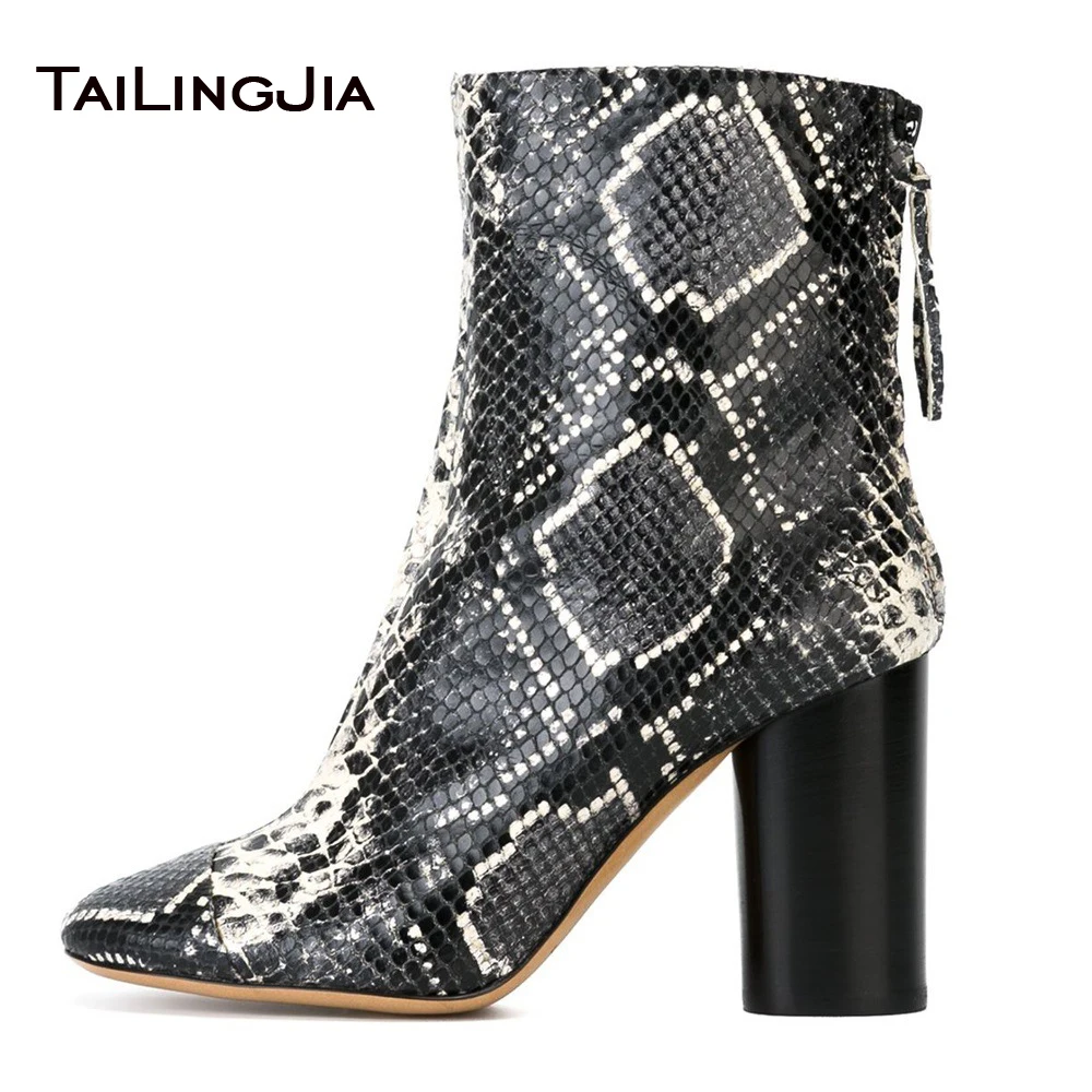 

New Snake Print Woman Ankle Boots With Zipper Block Heel Pointed Toe Ladies Popular Boots High Quality Winter Keep Warm Boots