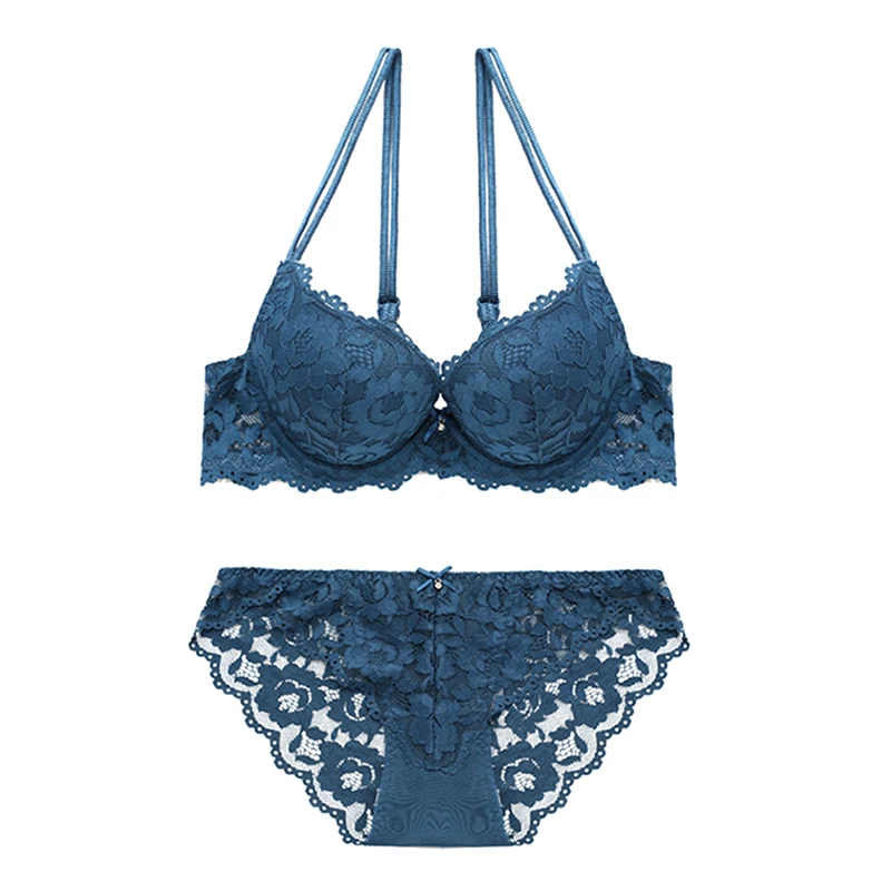 New fashion Blue push up bra set deep v brassiere thick lingerie set lace sexy women underwear