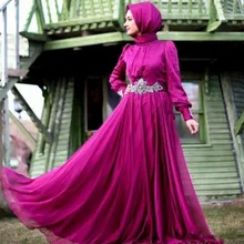 Superb Muslim Wedding Dresses Long Sleeve Chiffon Fuchsia Wedding Dress Sash Beaded Elegant Vestido De Noiva Hijab Bridal Gown