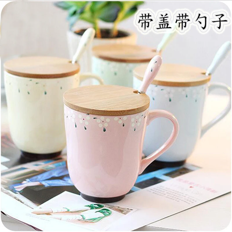 Ceramic Mug Cup Fresh Retro Style Breakfast Coffee Milk Juice Cup With Wooden lid A Ceramic