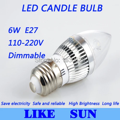 

Free shipping 10pcs/lot High power CREE chip candle Lamp Dimmable E27 6W 85-265V chandelier led light lamp lighting spotlight