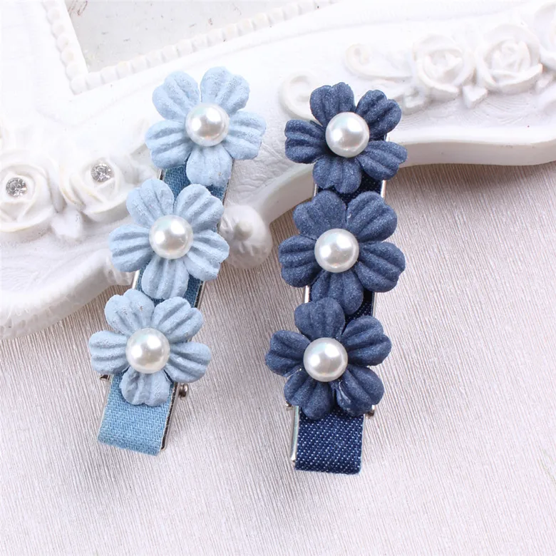 

New Arrival Kids Pearl Flower Hair Accessories denim Bowknot Hair Clip Children Crown Accessories Baby Cute Hairpins