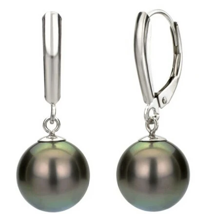 

Hot selling> wb001 pair of 10-11mm natural round tahitian black green pearl earrings 925silver -Bride jewelry free shipping