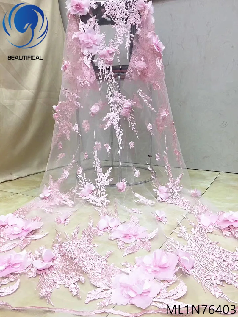 

Beautifical French bridal lace fabrics pink 3d flowers net lace fabric Latest exquisite lace beads fabric for wedding ML1N764