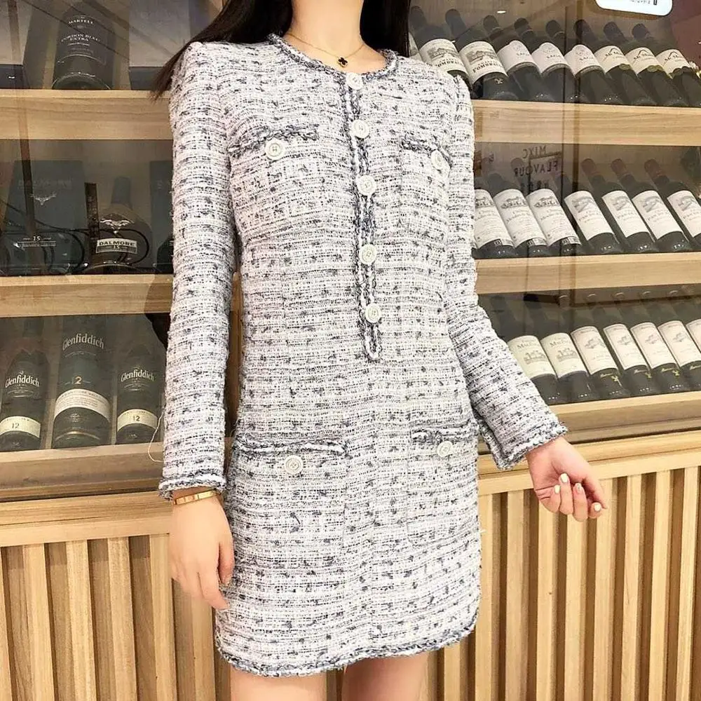 

2019 Spring Long-sleeved Round Neck Knit Linght Blue Tweed Dress Thick High Quality Dress Elegant Retro Women's Pocket Dress