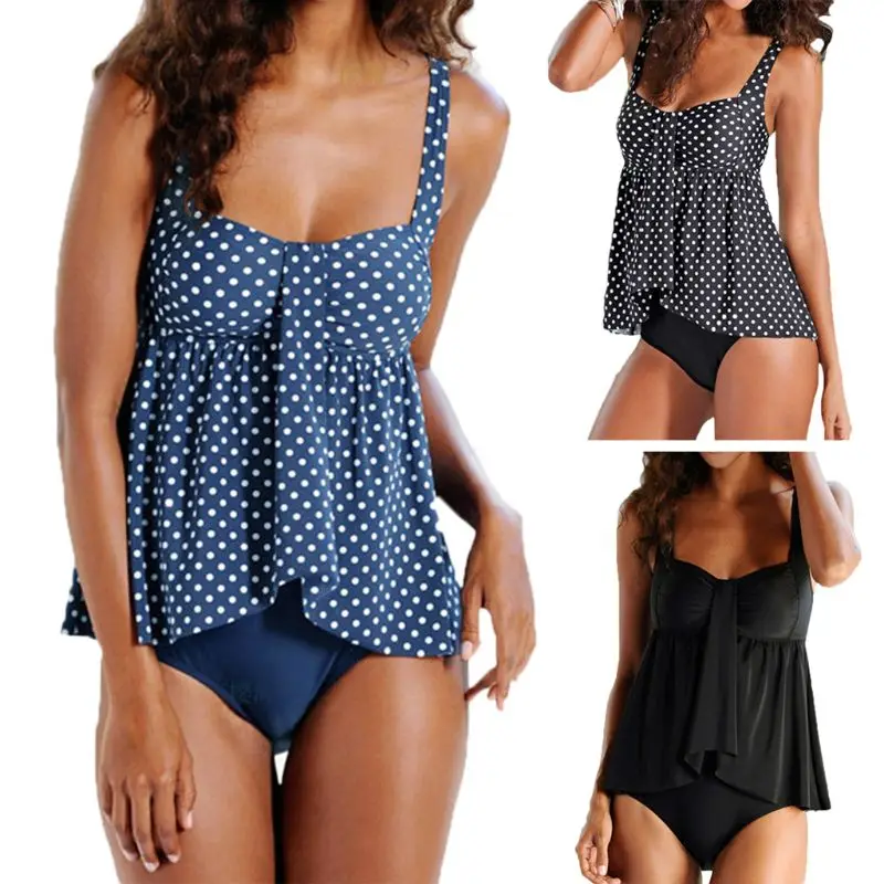 

Women Plus Size Tankini Set Polka Dot Printed Flowy Swimsuit Ruched Detail Irregular Ruffles Flounce Tank Top Bathing Suit