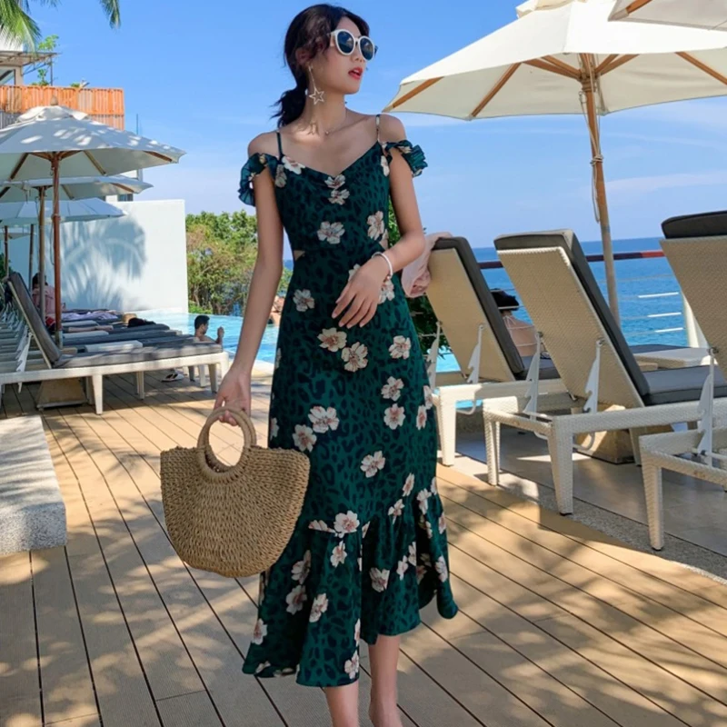 Summer Women Floral Print Green Sundress Female Boho Tropical Sexy Vacation Backless Vintage Ruffle Long Beach Sea Korean Dress