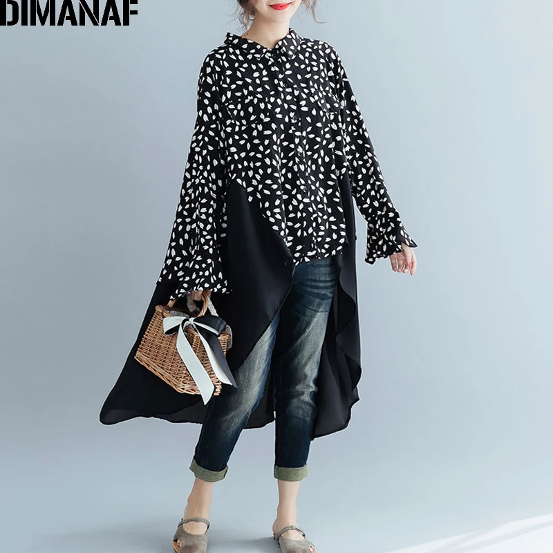 

DIMANAF Plus Size Women Blouse Shirt Lady Tops Tunic Big Size Chiffon Long Sleeve Loose Casual Female Clothes Print Spliced 2019