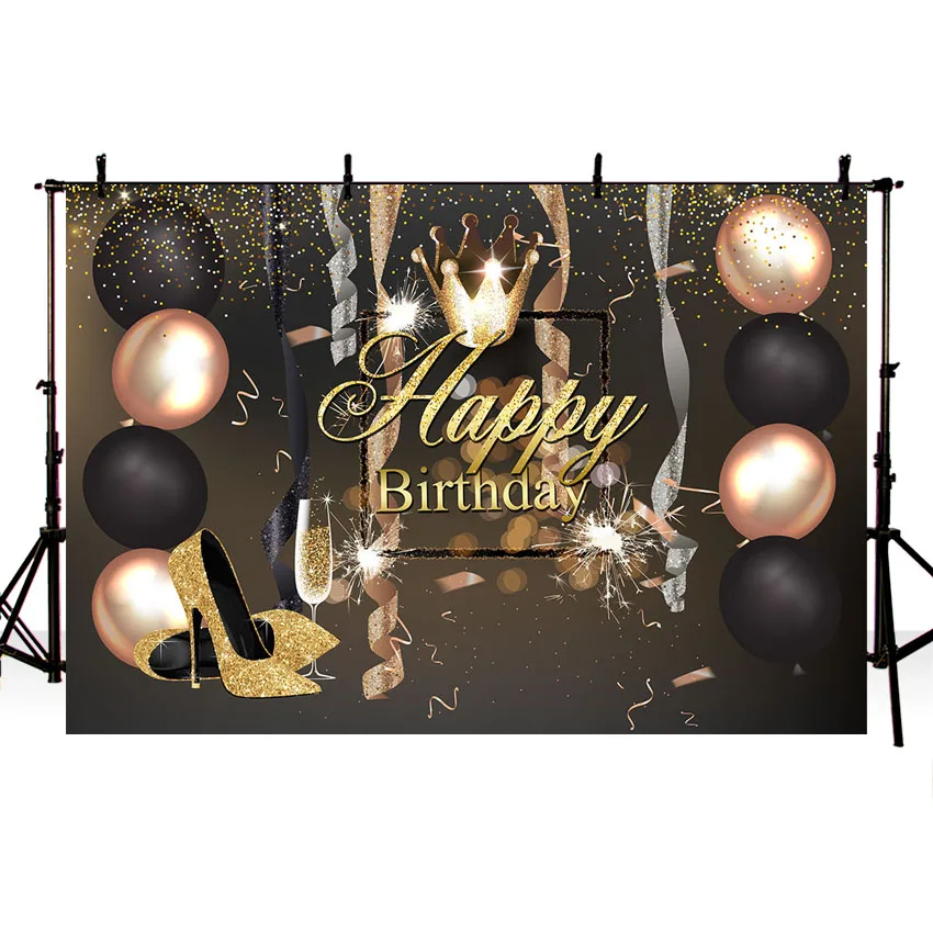 

MEHOFOTO Baby Shower Birthday Party Back Golden Luxurious Ballons High Heels Ribbon Crown Goblet Backgrounds for Photo Studio