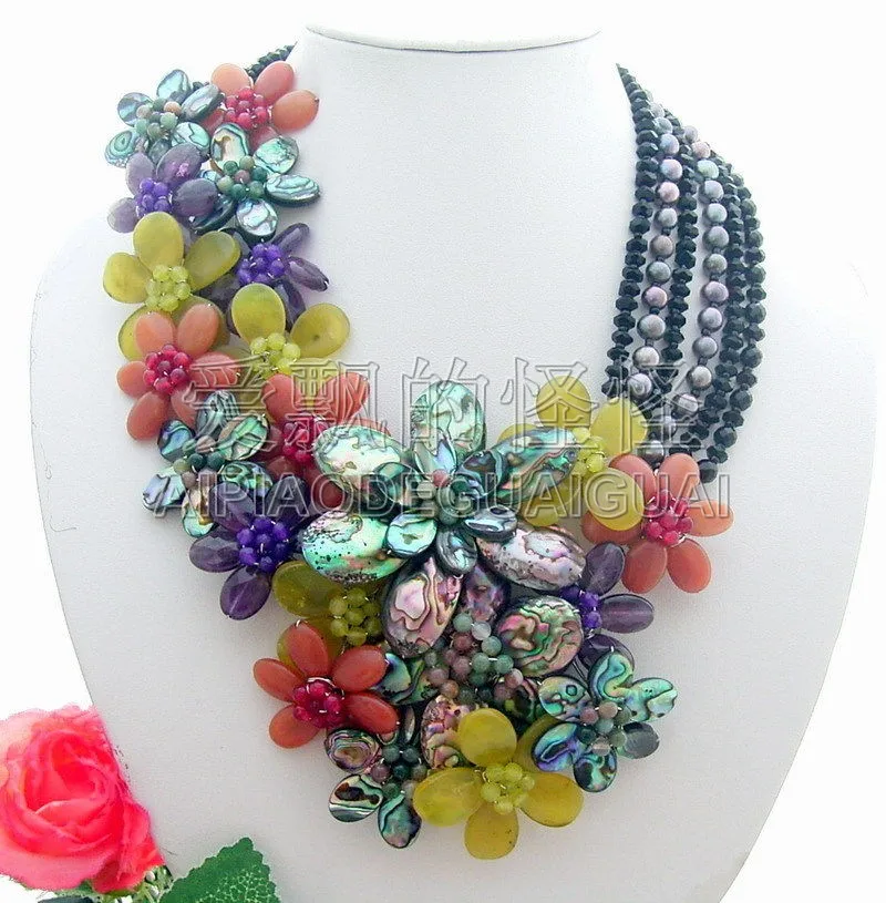 

N102119 Pearl Purple Stone Paua Abalone Shell Statement Necklace