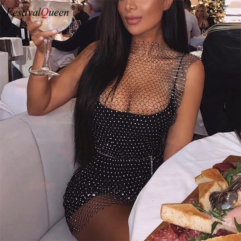 Achat Bling strass blanc noir maille évider robe Sexy sans manches résille moulante robe femmes d été plage Club robes de soirée