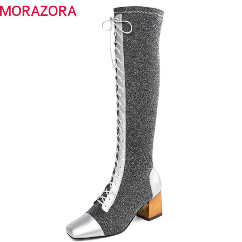 

MORAZORA 2020 new arrival knee high boots women genuine leather boots zipper lace up autumn winter boots high heels shoes woman