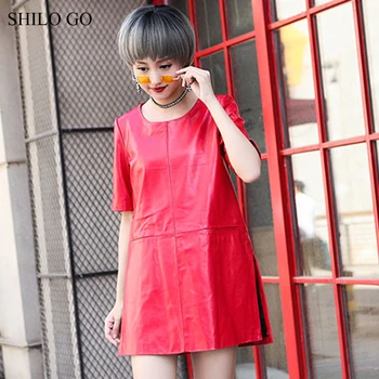 

SHILO GO Leather Dress Womens Summer Fashion sheepskin genuine leather Dress O Neck half sleeve Casual concise straight dress