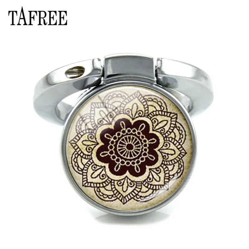 

TAFREE Universal Finger Ring Phone Holder & Stand Mandala Yoga Silver Color Metal Glass Cabochon Keyring Phone Holder CT372