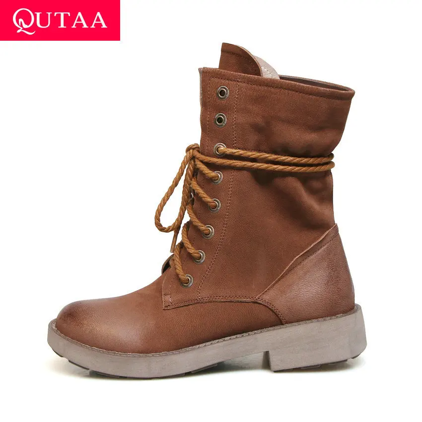 

QUTAA 2020 New Autumn Winter Lace Up Casual Round Toe Genuine Leather Mid Calf Boots Warm Fur Fashion Women Boots Size 34-39