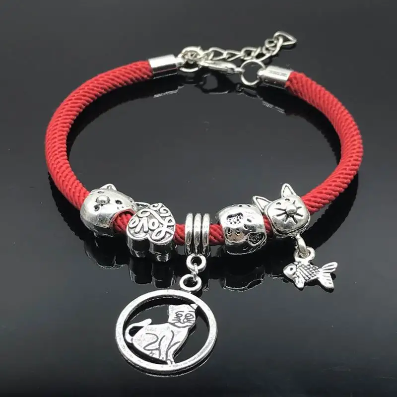

New Cute Cat Eat Fish Love Heart Paw Bead Rope Bracelet for Women Girl Red Pink Blue Brown Orange 5 Colors