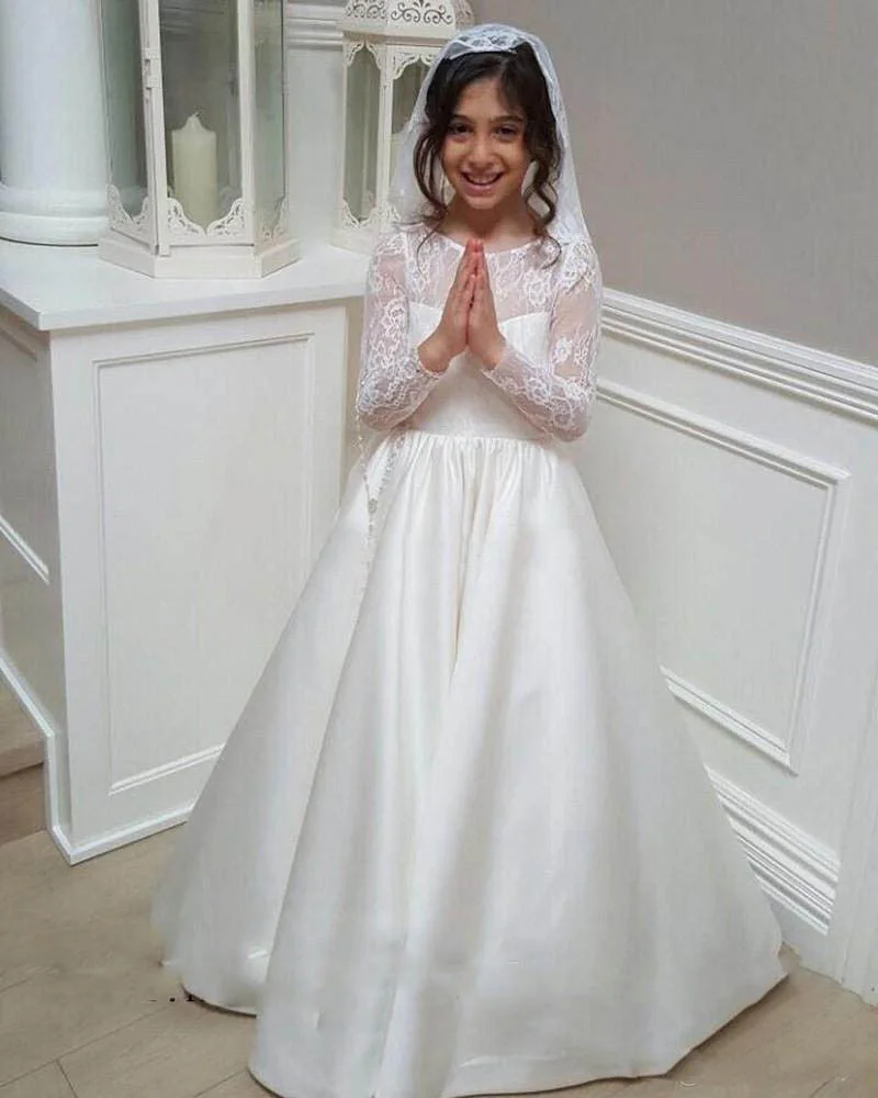 

A Line Lace Flower Girl Dress For Weddings Junior Bridesmaid Dress Satin Kids