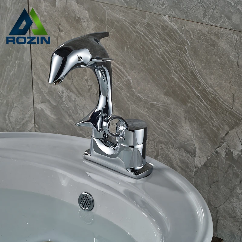 

Dolphin Style Single Handle Basin Faucet Chrome Finish Bathroom Dual Hole Mixers with Hot and Cold Water