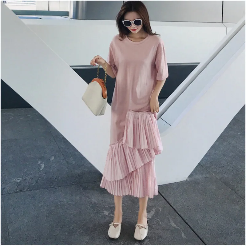 

LANMREM 2019 Summer Clothes For Women New Pattern Korea Short Sleeve Irregular Split Joint Mesh Dress round collar loose YG79711