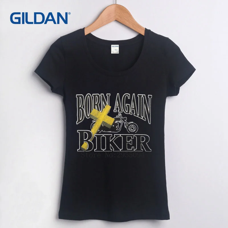 Custom Tee Shirt Designer BORN AGAIN BIKER Jesus Christ Christian - Womens Cotton T-Shirt Apparel Birthday T Shirts