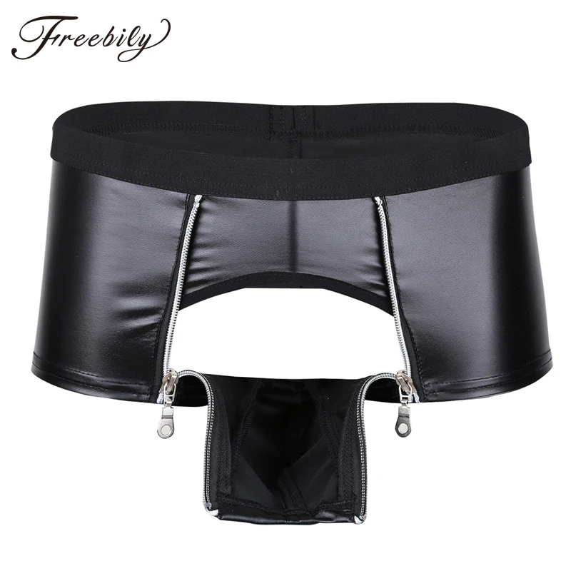 Men Swimwear Faux Leather Panties with Zipper Open Pouch Boxer Shorts Gay Sexy Underwear for Mens Jockstraps Male Night Clubwear | Спорт и