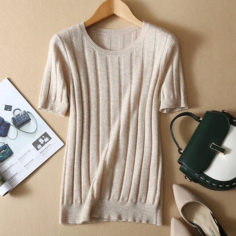 LHZSYY 2019 New Wool Knitted Blend T-shirt Solid color O Neck Women