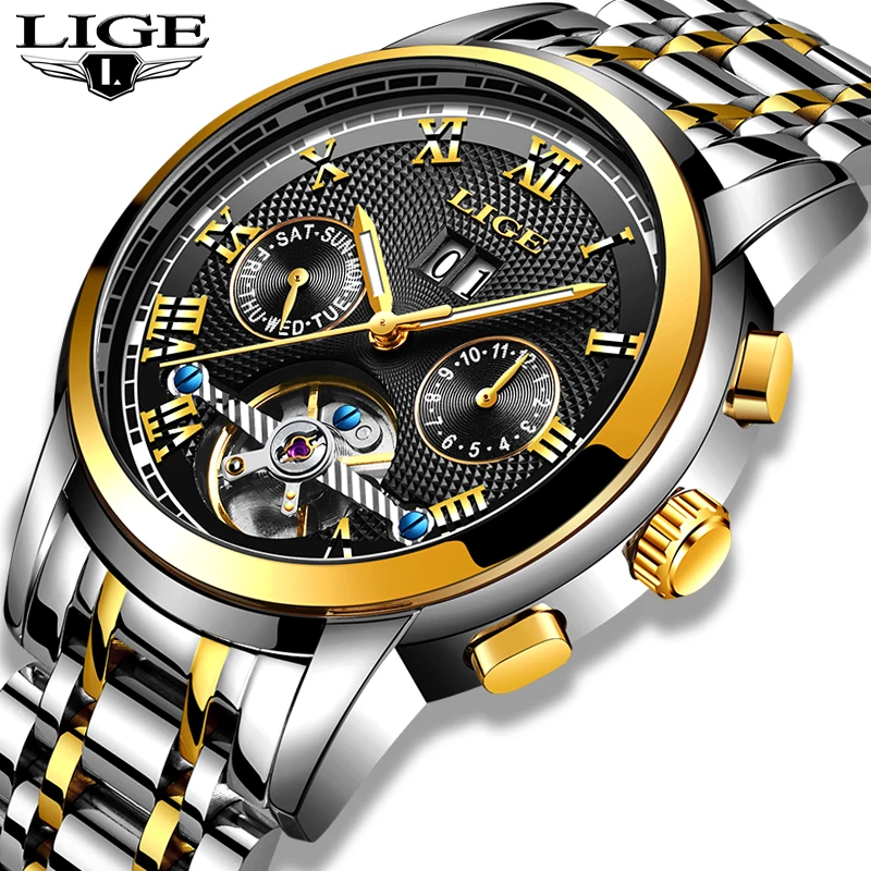 LIGE New Men's Watch Sport Waterproof Automatic Mechanical Watch Stainless Steel Hollow Automatic Wrist Watches Horloges Mannen