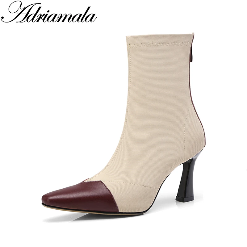 

2018 Ladies High Heel Boots Stretch Fabric Mid-calf Pointed Toe Thin Heels Boots Autumn Fashion Genuine Leather Boots Adriamala