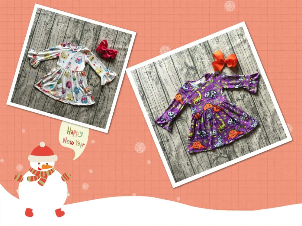 

2 colors milk silk Carton girls children clothes baby cotton Fall/Winter long sleeve ruffle dress boutique kids wear match bow