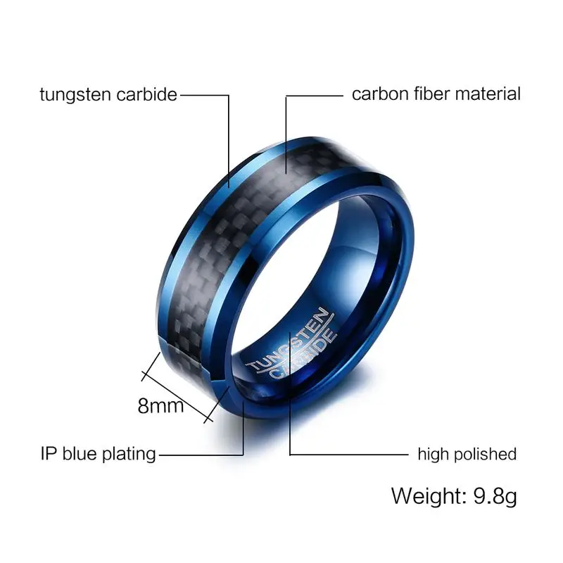 Meaeguet Trendy 8MM Blue Tungsten Carbide Ring For Men Jewelry Black Carbon Fiber Wedding Bands USA Size