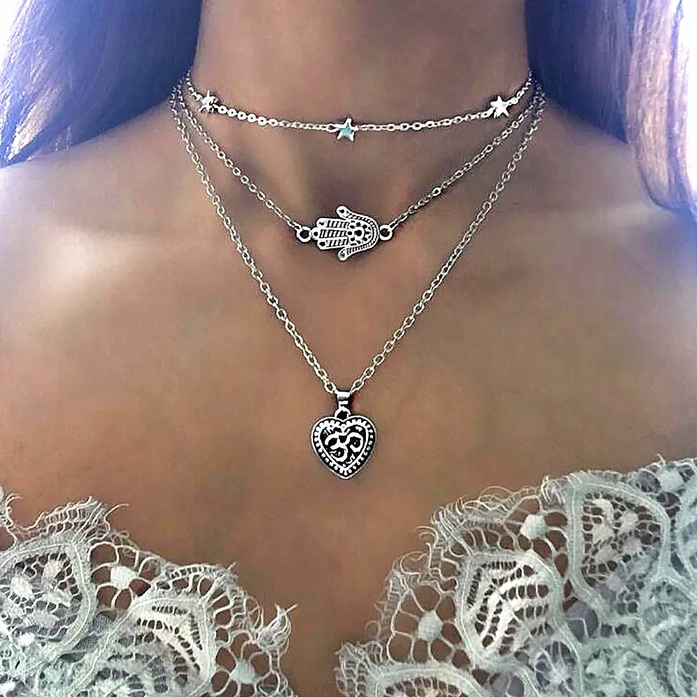 

Vienkim Bohemia Women Fashion Vintage Star Palms Multilayer Necklace Beach Wind Pandant Heart Pendants Party Dress Jewelry