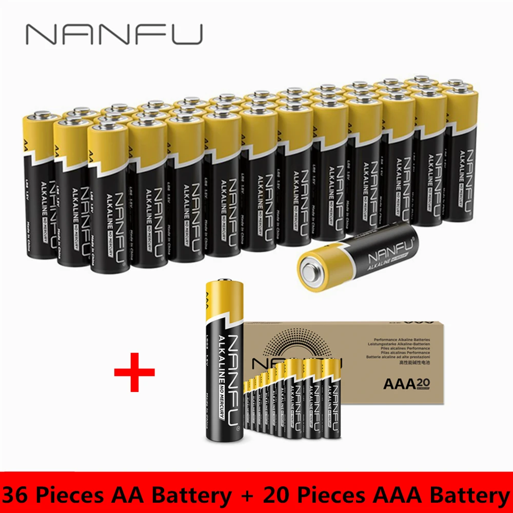 

NANFU 56 Pieces Alkaline Battery(36 Pcs AA Batteries + 20 Pcs AAA Batteries) 2100mAh 950mAh 1.5V LR03 LR06 2A 3A Battery Set